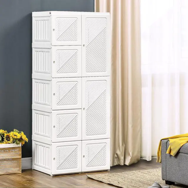 Alt view image 2 of 7 - Portable Wardrobe Closet, Folding Bedroom Armoire, Clothes Storage Organizer with 8 Cube Compartments, Hanging Rod, Magnet Doors, White