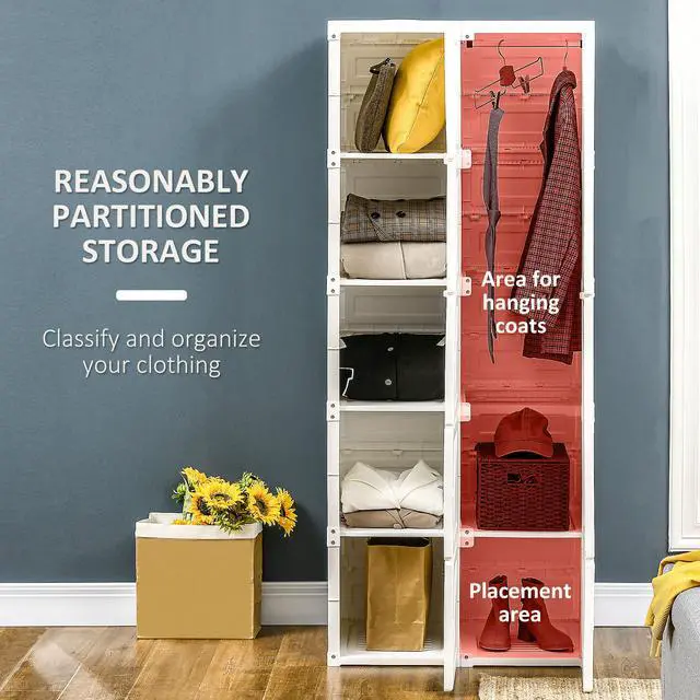 Alt view image 4 of 7 - Portable Wardrobe Closet, Folding Bedroom Armoire, Clothes Storage Organizer with 8 Cube Compartments, Hanging Rod, Magnet Doors, White