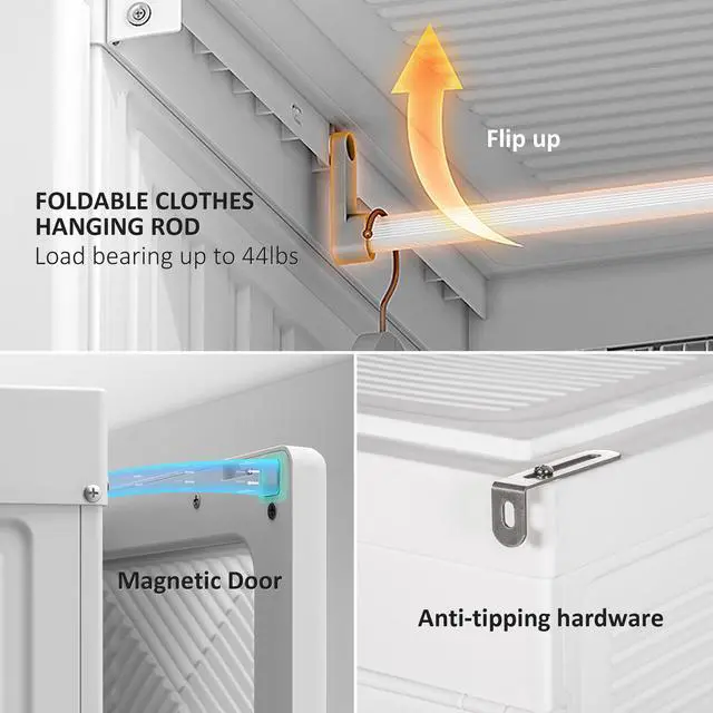 Alt view image 7 of 7 - Portable Wardrobe Closet, Folding Bedroom Armoire, Clothes Storage Organizer with 8 Cube Compartments, Hanging Rod, Magnet Doors, White