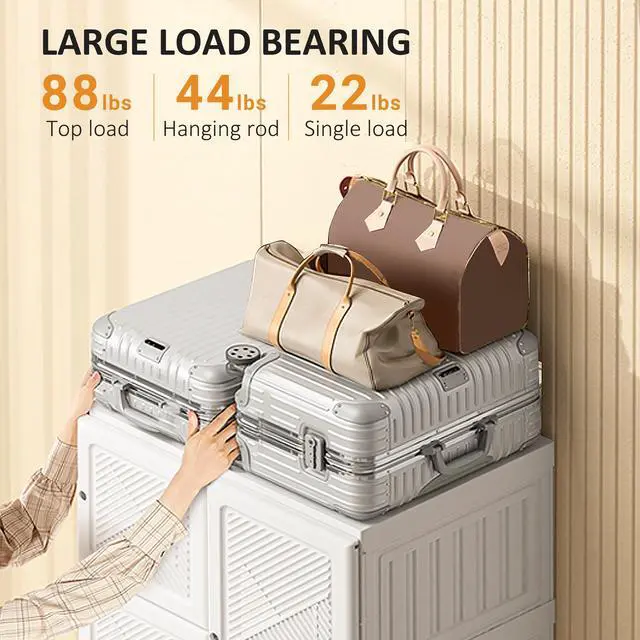 Alt view image 6 of 7 - Portable Wardrobe Closet, Folding Bedroom Armoire, Clothes Storage Organizer with 8 Cube Compartments, Hanging Rod, Magnet Doors, White