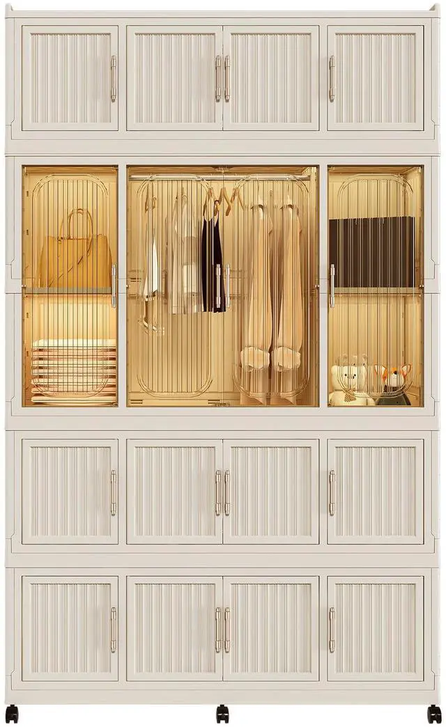 Main image of Portable Wardrobe Closet Storage Organizer for Clothes,Clothes Dresser,17 Magnetic Doors-17 Cubes & 1 Hanging Rod,6 pcs hangers , Baby Wardrobe Storage Cabinet,White