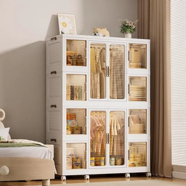 Alt view image 2 of 7 - Portable Wardrobe Closet Storage Organizer for Clothes,Clothes Dresser,12 Magnetic Doors-12 Cubes & 2 Hanging Rod,16 pcs hangers , Baby Wardrobe Storage Cabinet,White