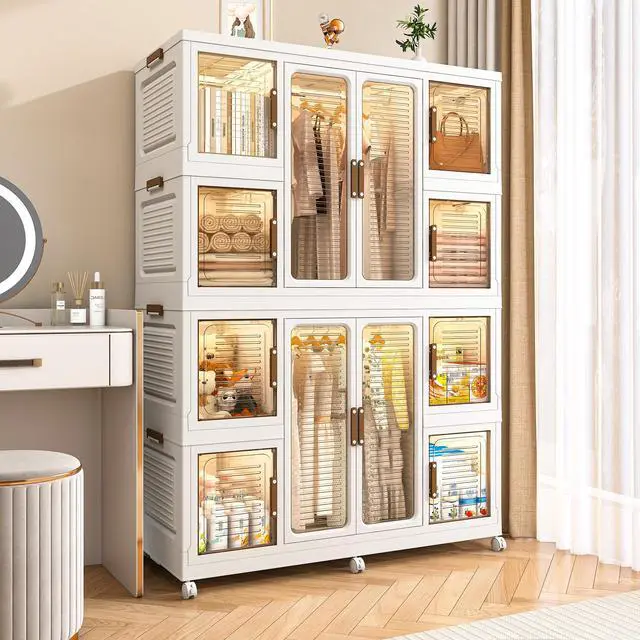 Alt view image 7 of 7 - Portable Wardrobe Closet Storage Organizer for Clothes,Clothes Dresser,12 Magnetic Doors-12 Cubes & 2 Hanging Rod,16 pcs hangers , Baby Wardrobe Storage Cabinet,White