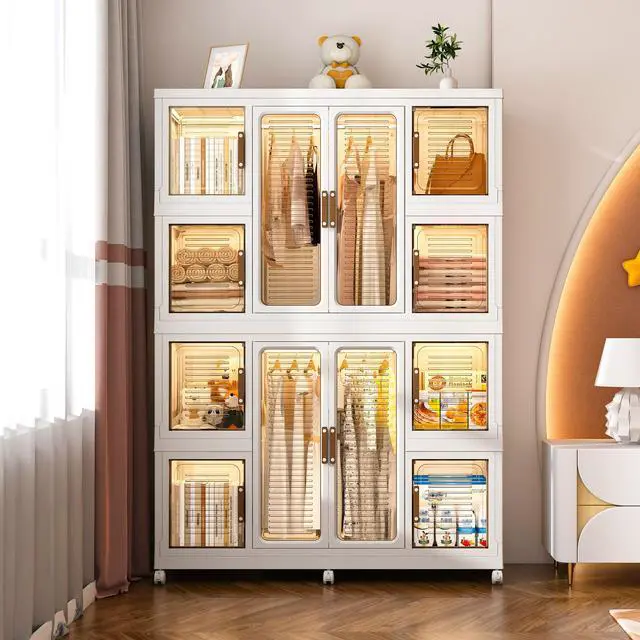 Alt view image 4 of 7 - Portable Wardrobe Closet Storage Organizer for Clothes,Clothes Dresser,12 Magnetic Doors-12 Cubes & 2 Hanging Rod,16 pcs hangers , Baby Wardrobe Storage Cabinet,White