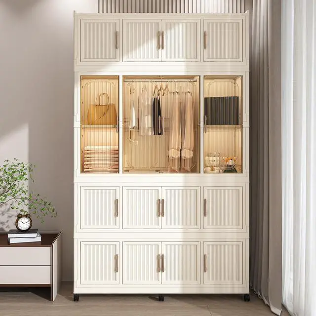 Alt view image 2 of 7 - Portable Wardrobe Closet Storage Organizer for Clothes,Clothes Dresser,17 Magnetic Doors-17 Cubes & 1 Hanging Rod,6 pcs hangers , Baby Wardrobe Storage Cabinet,White