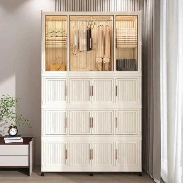 Alt view image 6 of 7 - Portable Wardrobe Closet Storage Organizer for Clothes,Clothes Dresser,17 Magnetic Doors-17 Cubes & 1 Hanging Rod,6 pcs hangers , Baby Wardrobe Storage Cabinet,White