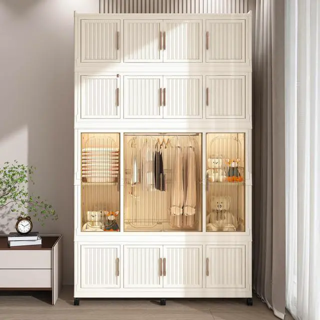 Alt view image 5 of 7 - Portable Wardrobe Closet Storage Organizer for Clothes,Clothes Dresser,17 Magnetic Doors-17 Cubes & 1 Hanging Rod,6 pcs hangers , Baby Wardrobe Storage Cabinet,White