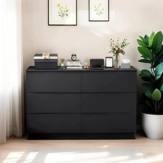 Alt view image 2 of 7 - 6 Drawer Black Dresser, Modern Bedroom Dresser with Spacious Countertop, Wood Storage Cabinet with Concealed Handles & 6 Deep Drawers for Bedroom, Living Room, Entryway, 15.7" D x 47.2" W x 30.9" H