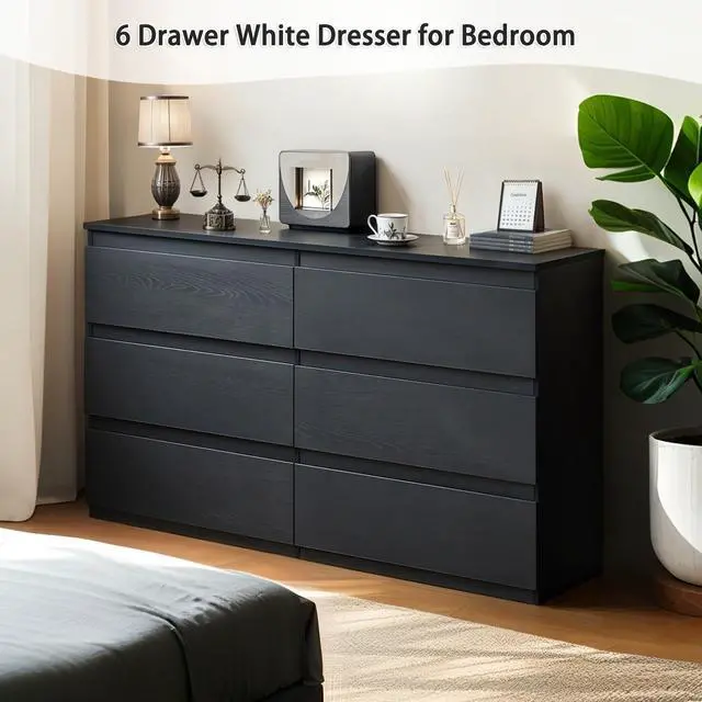 Alt view image 4 of 7 - 6 Drawer Black Dresser, Modern Bedroom Dresser with Spacious Countertop, Wood Storage Cabinet with Concealed Handles & 6 Deep Drawers for Bedroom, Living Room, Entryway, 15.7" D x 47.2" W x 30.9" H