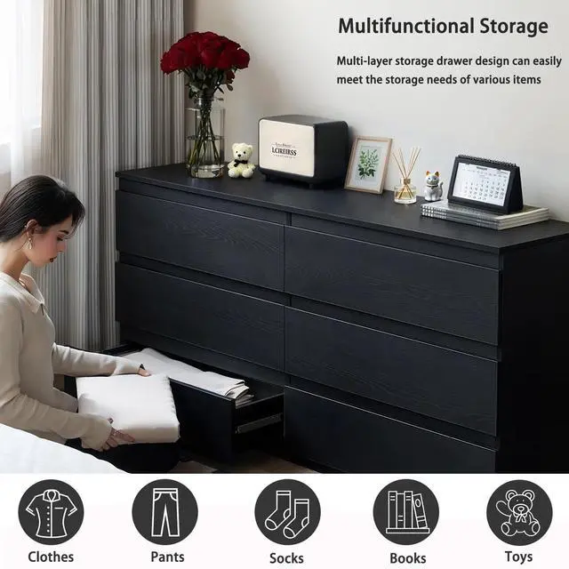 Alt view image 5 of 7 - 6 Drawer Black Dresser, Modern Bedroom Dresser with Spacious Countertop, Wood Storage Cabinet with Concealed Handles & 6 Deep Drawers for Bedroom, Living Room, Entryway, 15.7" D x 47.2" W x 30.9" H