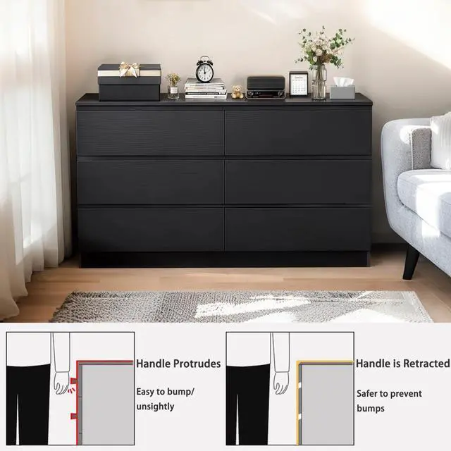 Alt view image 7 of 7 - 6 Drawer Black Dresser, Modern Bedroom Dresser with Spacious Countertop, Wood Storage Cabinet with Concealed Handles & 6 Deep Drawers for Bedroom, Living Room, Entryway, 15.7" D x 47.2" W x 30.9" H