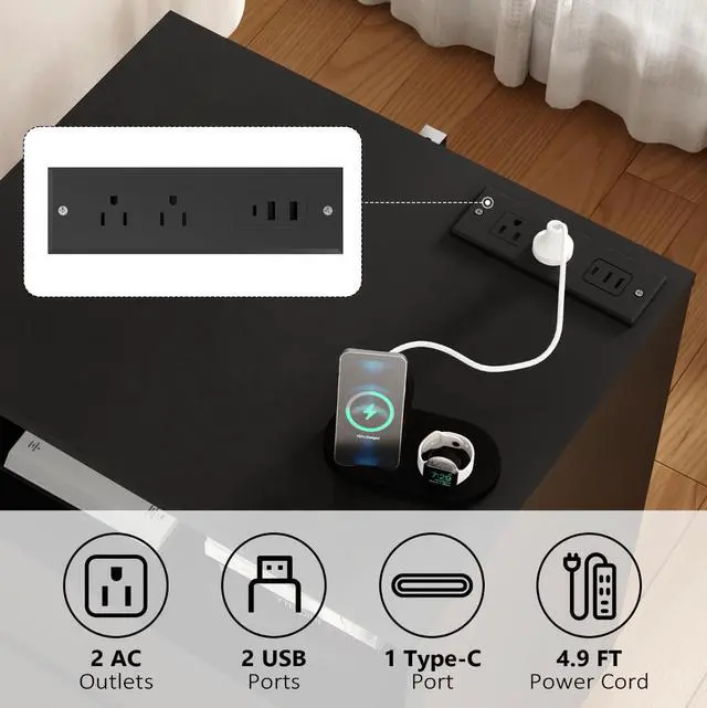Main image of (Set Of 2)End Table With Fast Usb C Charging Station, Sofa Side Table With 2 Drawers, Large Storage Modern Wood Storage Cabinet For Living Room,Bedroom,Office, Black