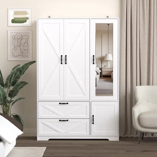 Main image of 4 Doors Wardrobe Closet with Mirror, LED Wardrobe with Doors and 2 Drawers, Wooden Wardrobe Storage Cabinet with Hanging Rod, Adjustable Shelves, White