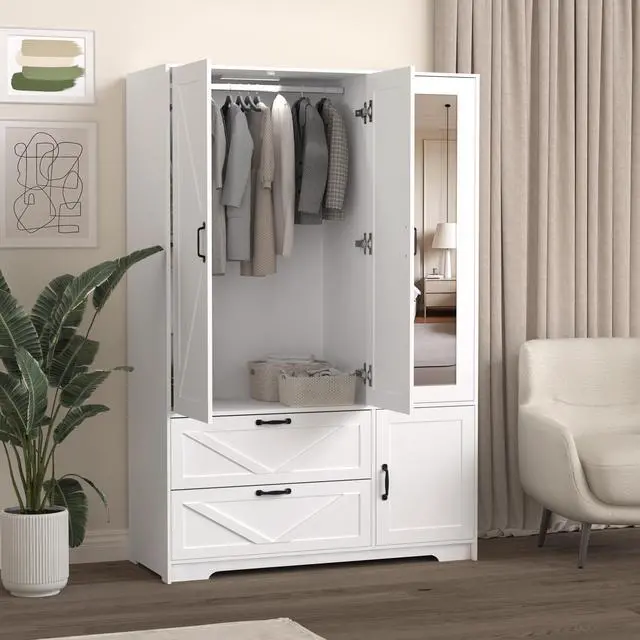 Alt view image 2 of 5 - 4 Doors Wardrobe Closet with Mirror, LED Wardrobe with Doors and 2 Drawers, Wooden Wardrobe Storage Cabinet with Hanging Rod, Adjustable Shelves, White