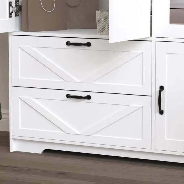Alt view image 5 of 5 - 4 Doors Wardrobe Closet with Mirror, LED Wardrobe with Doors and 2 Drawers, Wooden Wardrobe Storage Cabinet with Hanging Rod, Adjustable Shelves, White