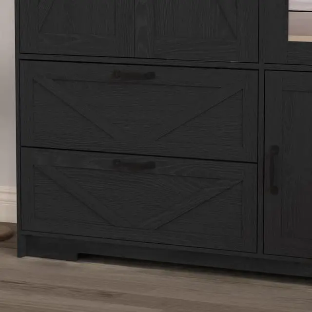 Alt view image 4 of 6 - 4 Doors Wardrobe Closet with Mirror, LED Wardrobe with Doors and 2 Drawers, Wooden Wardrobe Storage Cabinet with Hanging Rod, Adjustable Shelves, Black
