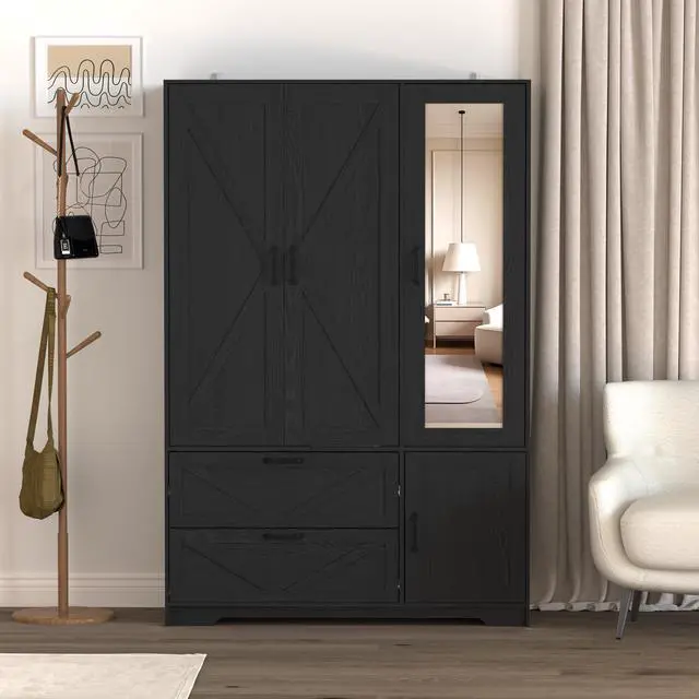 Main image of 4 Doors Wardrobe Closet with Mirror, LED Wardrobe with Doors and 2 Drawers, Wooden Wardrobe Storage Cabinet with Hanging Rod, Adjustable Shelves, Black