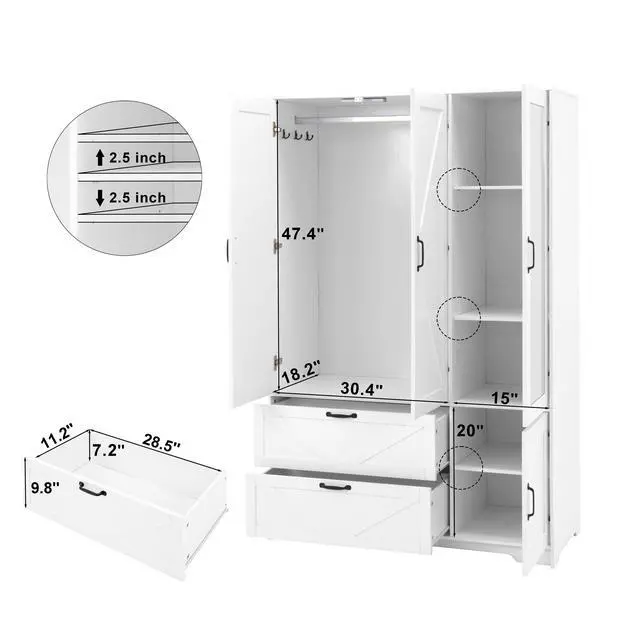Alt view image 4 of 5 - 4 Doors Wardrobe Closet with Mirror, LED Wardrobe with Doors and 2 Drawers, Wooden Wardrobe Storage Cabinet with Hanging Rod, Adjustable Shelves, White