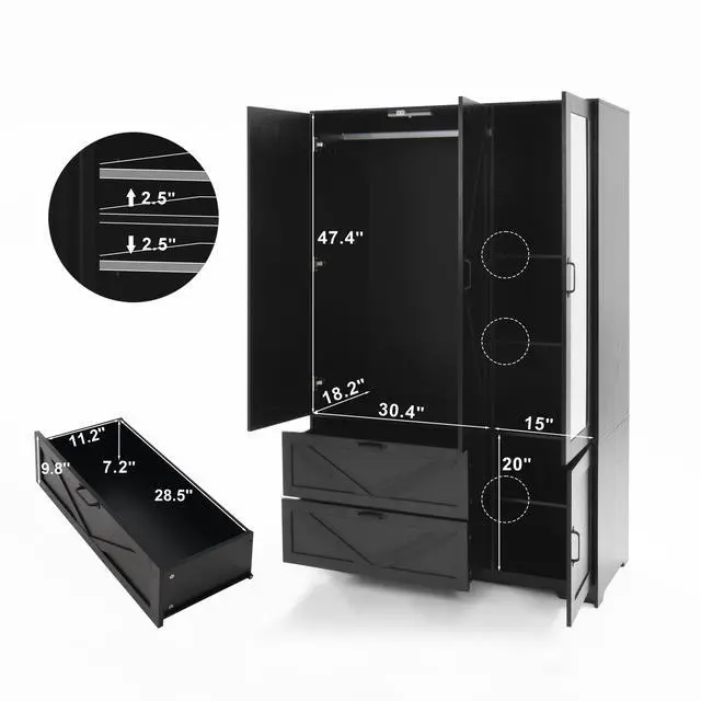 Alt view image 3 of 6 - 4 Doors Wardrobe Closet with Mirror, LED Wardrobe with Doors and 2 Drawers, Wooden Wardrobe Storage Cabinet with Hanging Rod, Adjustable Shelves, Black