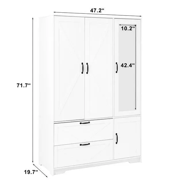 Alt view image 3 of 5 - 4 Doors Wardrobe Closet with Mirror, LED Wardrobe with Doors and 2 Drawers, Wooden Wardrobe Storage Cabinet with Hanging Rod, Adjustable Shelves, White