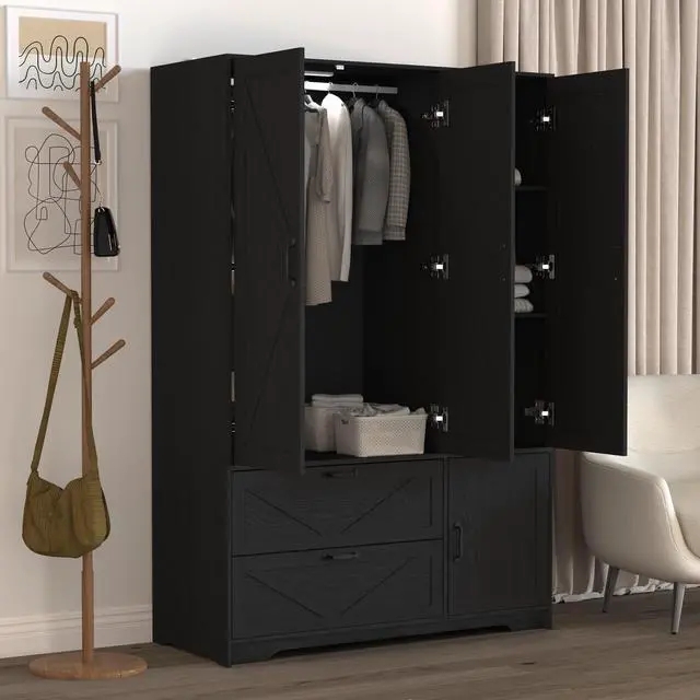 Alt view image 5 of 6 - 4 Doors Wardrobe Closet with Mirror, LED Wardrobe with Doors and 2 Drawers, Wooden Wardrobe Storage Cabinet with Hanging Rod, Adjustable Shelves, Black