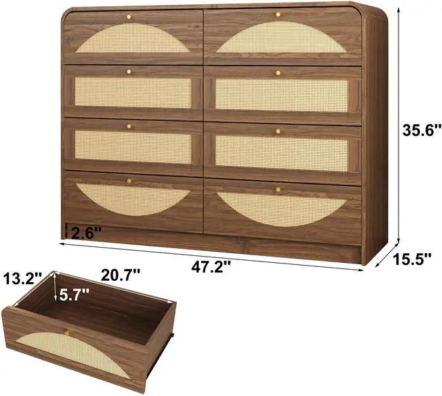 Main image of Walnut Finish 8Drawer Dresser With Rattan Front, Wide Particle Board Chest Of Drawers, Modern Wooden Storage Cabinet For Bedroom Living Room