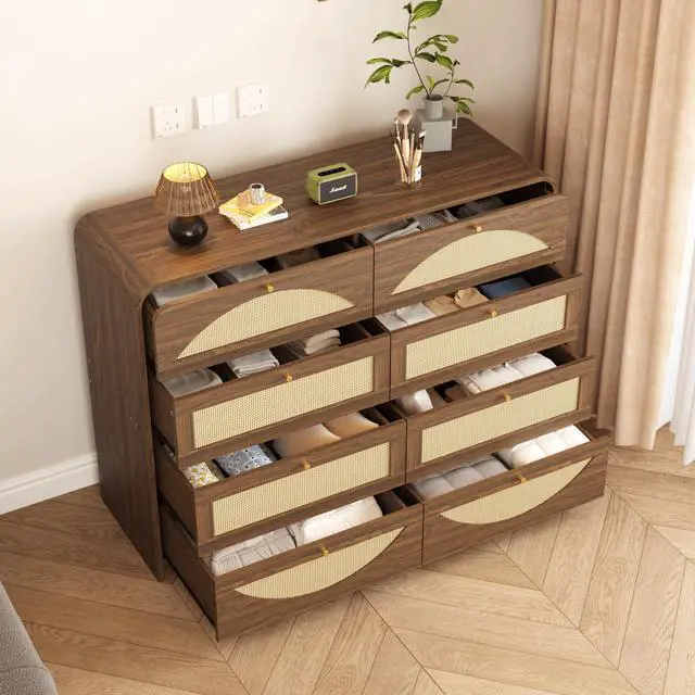 Alt view image 2 of 2 - Walnut Finish 8Drawer Dresser With Rattan Front, Wide Particle Board Chest Of Drawers, Modern Wooden Storage Cabinet For Bedroom Living Room