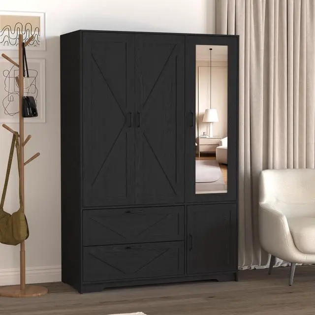 Alt view image 6 of 6 - 4 Doors Wardrobe Closet with Mirror, LED Wardrobe with Doors and 2 Drawers, Wooden Wardrobe Storage Cabinet with Hanging Rod, Adjustable Shelves, Black