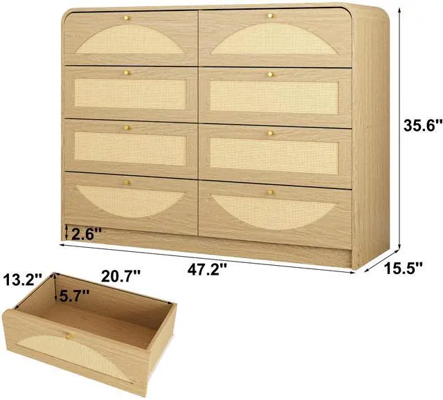 Main image of Natural Finish 8Drawer Dresser With Rattan Front, Wide Particle Board Chest Of Drawers, Modern Wooden Storage Cabinet For Bedroom Living Room