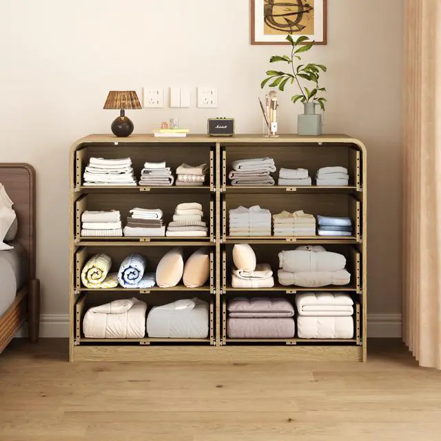 Alt view image 2 of 2 - Natural Finish 8Drawer Dresser With Rattan Front, Wide Particle Board Chest Of Drawers, Modern Wooden Storage Cabinet For Bedroom Living Room