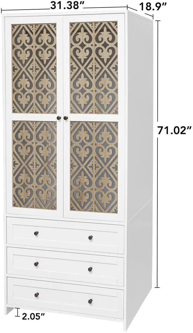 Alt view image 3 of 7 - Hollow pattern 2 door 3 drawer wardrobe, the collision of wood color and white, suitable for bedrooms and dressing rooms