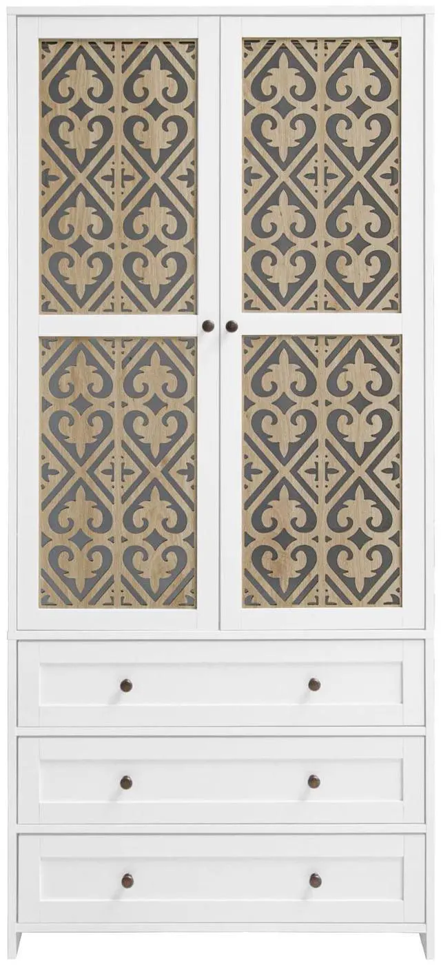 Main image of Hollow pattern 2 door 3 drawer wardrobe, the collision of wood color and white, suitable for bedrooms and dressing rooms