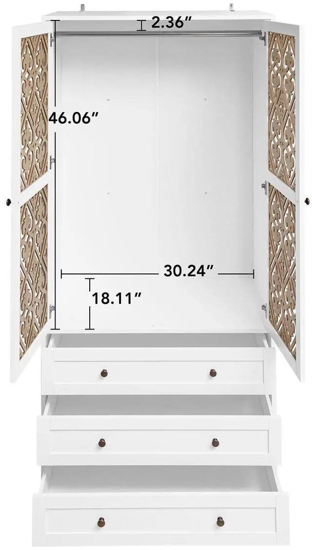 Alt view image 7 of 7 - Hollow pattern 2 door 3 drawer wardrobe, the collision of wood color and white, suitable for bedrooms and dressing rooms