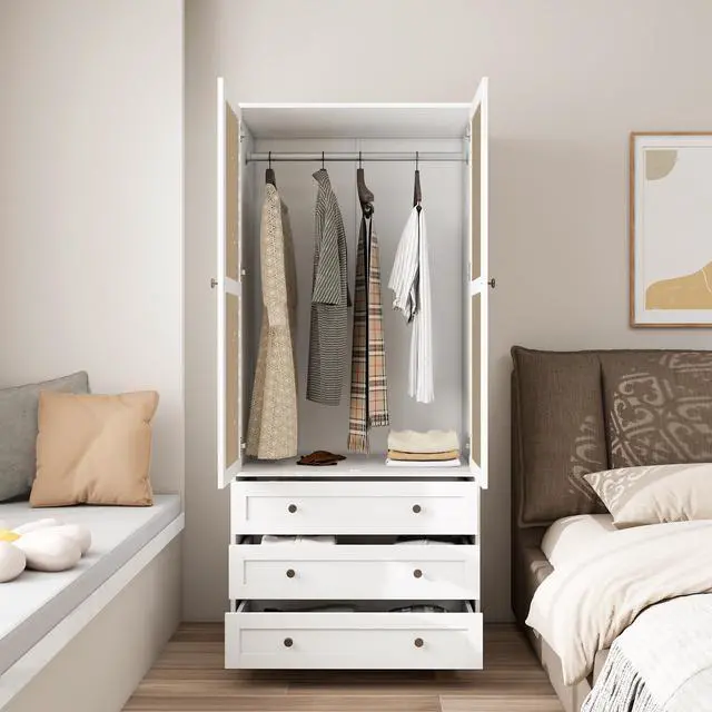 Alt view image 5 of 7 - Hollow pattern 2 door 3 drawer wardrobe, the collision of wood color and white, suitable for bedrooms and dressing rooms