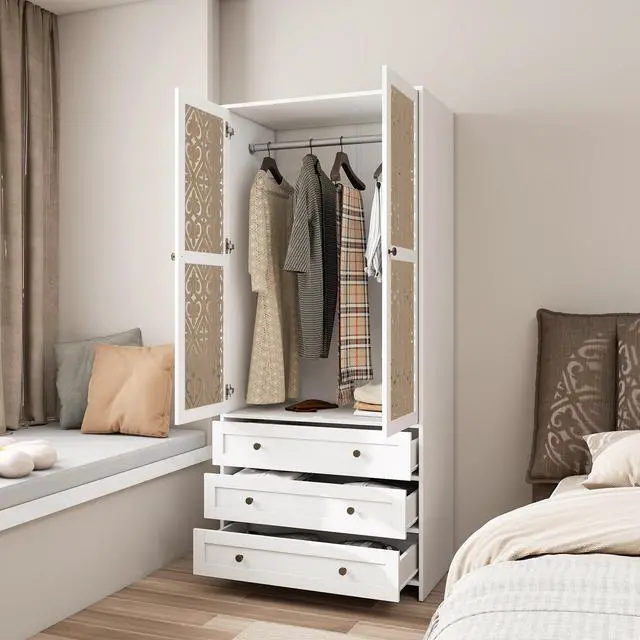 Alt view image 6 of 7 - Hollow pattern 2 door 3 drawer wardrobe, the collision of wood color and white, suitable for bedrooms and dressing rooms