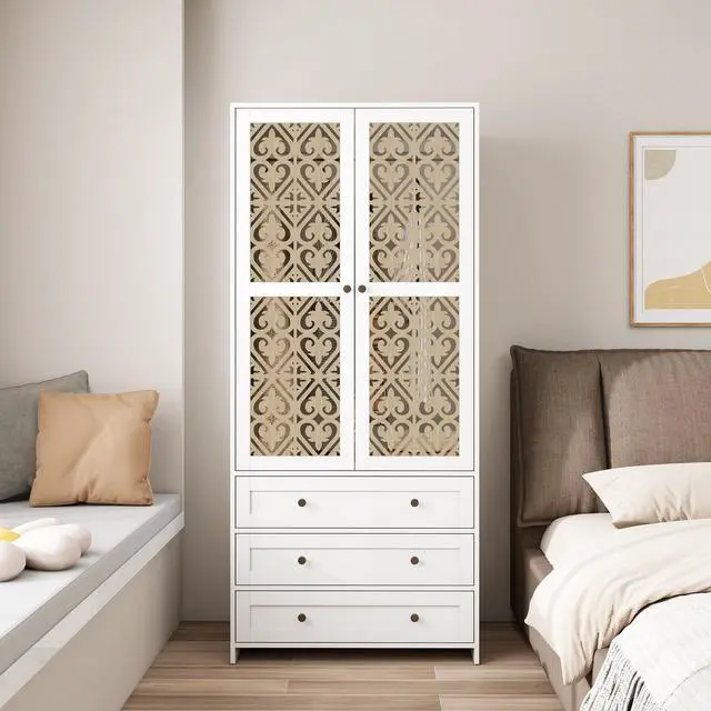 Alt view image 2 of 7 - Hollow pattern 2 door 3 drawer wardrobe, the collision of wood color and white, suitable for bedrooms and dressing rooms