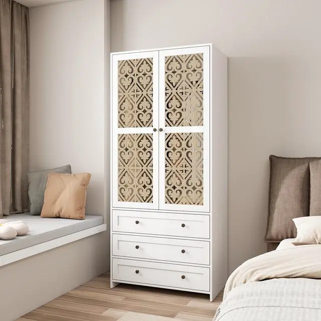 Alt view image 4 of 7 - Hollow pattern 2 door 3 drawer wardrobe, the collision of wood color and white, suitable for bedrooms and dressing rooms