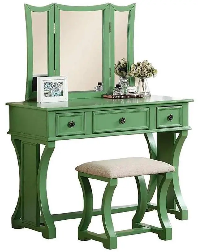 Alt view image 5 of 7 - Unique Modern Bedroom Vanity Set w Stool Foldable Mirror Drawers Apple Green Color MDF Veneer 1pc Vanity Furniture