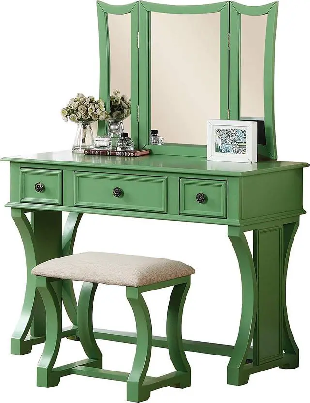 Alt view image 4 of 7 - Unique Modern Bedroom Vanity Set w Stool Foldable Mirror Drawers Apple Green Color MDF Veneer 1pc Vanity Furniture
