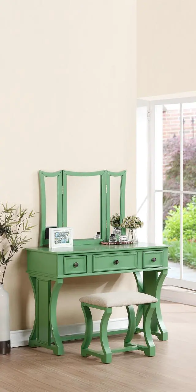 Alt view image 2 of 7 - Unique Modern Bedroom Vanity Set w Stool Foldable Mirror Drawers Apple Green Color MDF Veneer 1pc Vanity Furniture