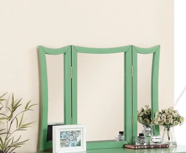 Alt view image 6 of 7 - Unique Modern Bedroom Vanity Set w Stool Foldable Mirror Drawers Apple Green Color MDF Veneer 1pc Vanity Furniture