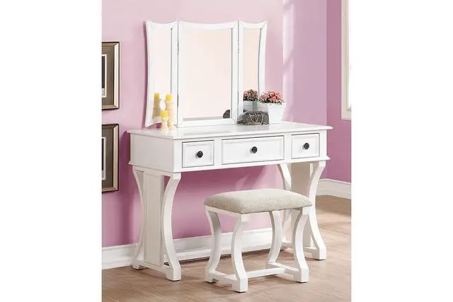 Alt view image 2 of 7 - Unique Modern Bedroom Vanity Set w Stool Foldable Mirror Drawers White Color MDF Veneer 1pc Vanity Furniture