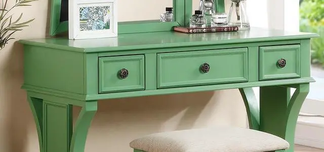 Alt view image 7 of 7 - Unique Modern Bedroom Vanity Set w Stool Foldable Mirror Drawers Apple Green Color MDF Veneer 1pc Vanity Furniture