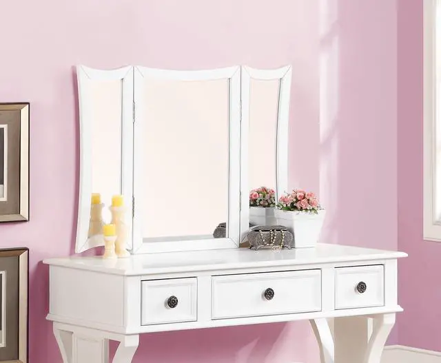 Alt view image 3 of 7 - Unique Modern Bedroom Vanity Set w Stool Foldable Mirror Drawers White Color MDF Veneer 1pc Vanity Furniture