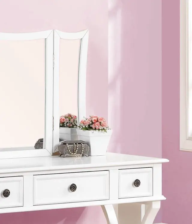 Alt view image 4 of 7 - Unique Modern Bedroom Vanity Set w Stool Foldable Mirror Drawers White Color MDF Veneer 1pc Vanity Furniture