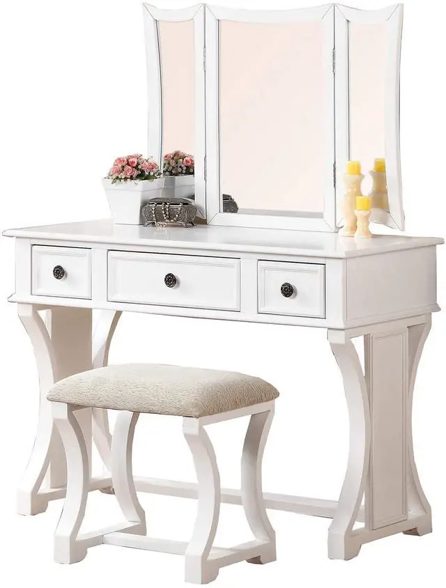 Alt view image 5 of 7 - Unique Modern Bedroom Vanity Set w Stool Foldable Mirror Drawers White Color MDF Veneer 1pc Vanity Furniture