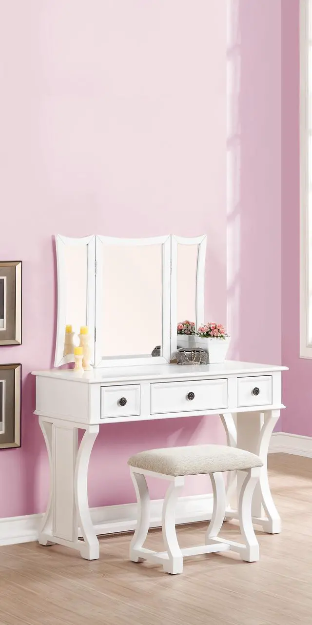 Main image of Unique Modern Bedroom Vanity Set w Stool Foldable Mirror Drawers White Color MDF Veneer 1pc Vanity Furniture