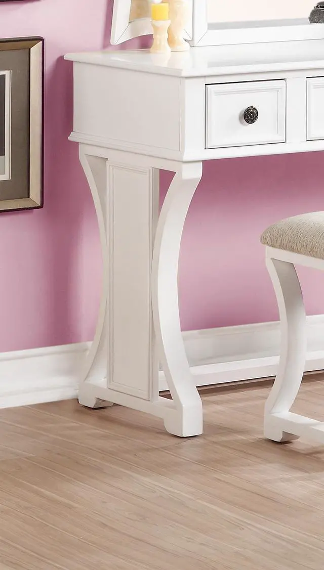 Alt view image 7 of 7 - Unique Modern Bedroom Vanity Set w Stool Foldable Mirror Drawers White Color MDF Veneer 1pc Vanity Furniture