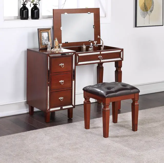 Alt view image 2 of 7 - Traditional Formal Cherry Color Vanity Set w Stool Storage Drawers 1pc Bedroom Furniture Set Tufted Seat Stool