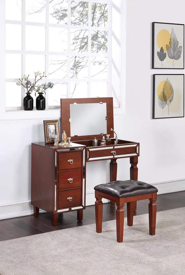 Main image of Traditional Formal Cherry Color Vanity Set w Stool Storage Drawers 1pc Bedroom Furniture Set Tufted Seat Stool